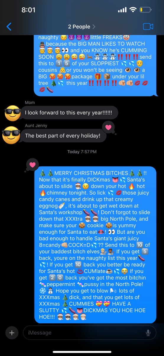 I send my mom and aunt dirty forward texts every year ahahahahahahshs