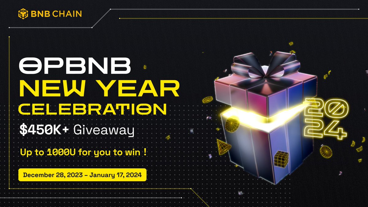 BNBCHAIN's tweet photo. 1/ 🎉 Exciting News! 
Gear up for the opBNB Festivities Celebration featuring a $450K+ Giveaway to make your New Year truly unforgettable! 🎁✨ https://t.co/TiKvLIceU0