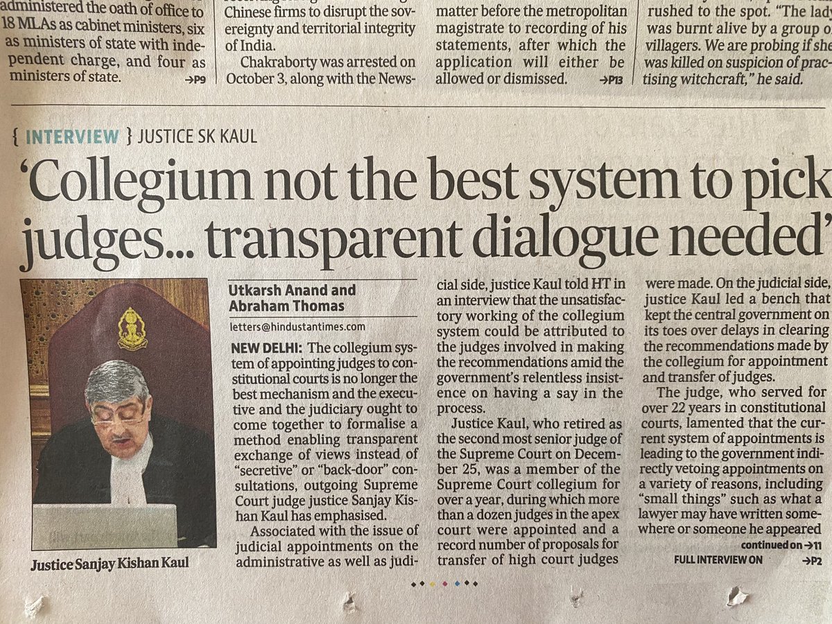 Wisdom strikes #SC justices on retirement. Justice Kishan Kaul says what most have been saying for years: the #Collegium system of judges picking judges is not transparent. The answer is #NJAC which the current CJI is opposed to. He might change his mind on retirement next year.