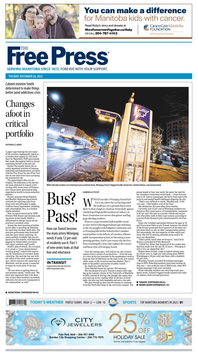 On the front page of Tuesday's @WinnipegNews : How can Transit become the main artery Winnipeg needs if only 12 per cent of residents use it. Part 1 of new series looks at that fear and reluctance