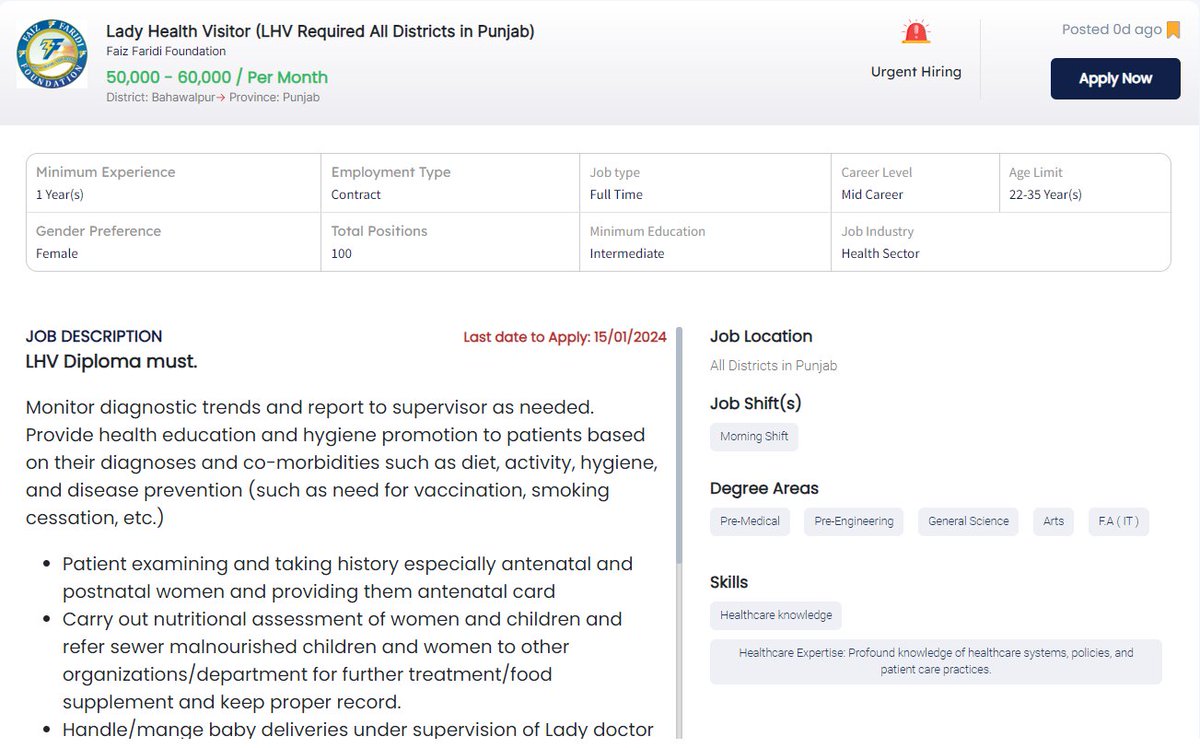 PunjabjobCenter's tweet image. Faiz Faridi Foundation is looking for Lady Health Visitor (LHV Required All Districts in Punjab)
Salary 50000-60000
Location All Districts in Punjab
To Apply on available jobs please registered at our official website jobcenter.punjab.gov.pk/worker/create
#latestjobopenings #updateyourprofile