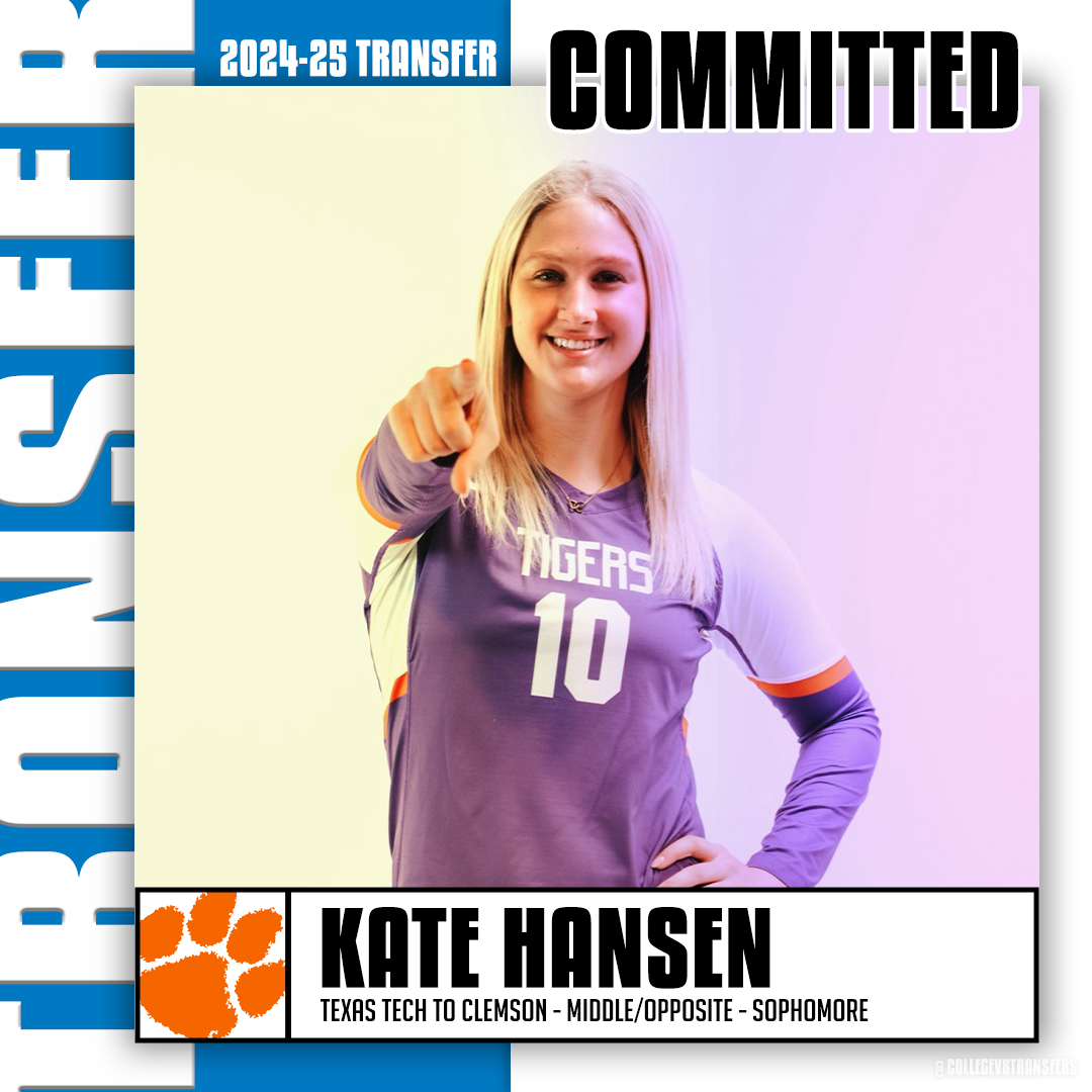 𝗧𝗿𝗮𝗻𝘀𝗳𝗲𝗿 ✏️: Kate Hansen 🏐: Middle/Opposite 🎓: Sophomore ⬅️: Texas Tech ➡️: Clemson ✖️: @kate_hansen8 #CollegeVBTransfers | #NCAAWVB