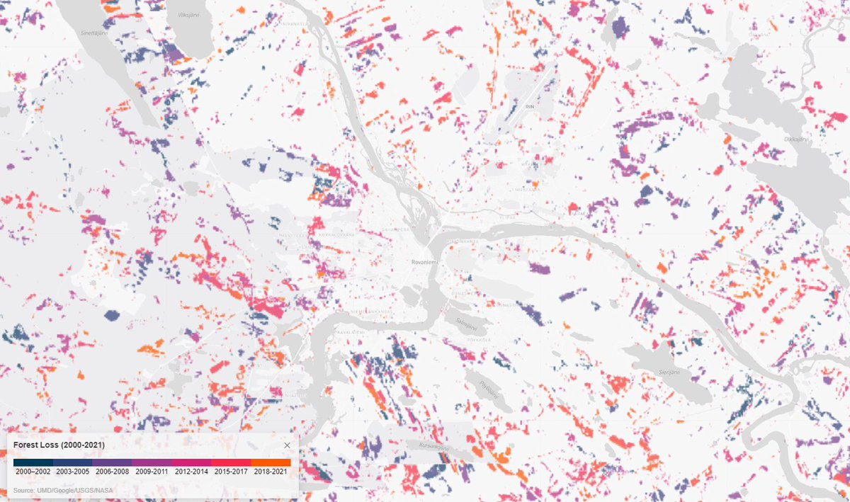 dbaboci's tweet photo. Merry Christmas and Happy Holidays with some inquisitive maps from Rovaniemi - the capital of Lapland in northern Finland - but most importantly the "official" home-town of Santa Claus!

Quite a bit of forest loss in the past twenty years demonstrating increased activity in the elven toy factories. The city was actually designed by Alvar Aalto after being largely destroyed during the second World War: the historical settlement footprint map illustrates the touch of the architect with the city being designed in the shape of a reindeer's head. The rugged terrain probably accounts for the need of magic reindeer to get around.
