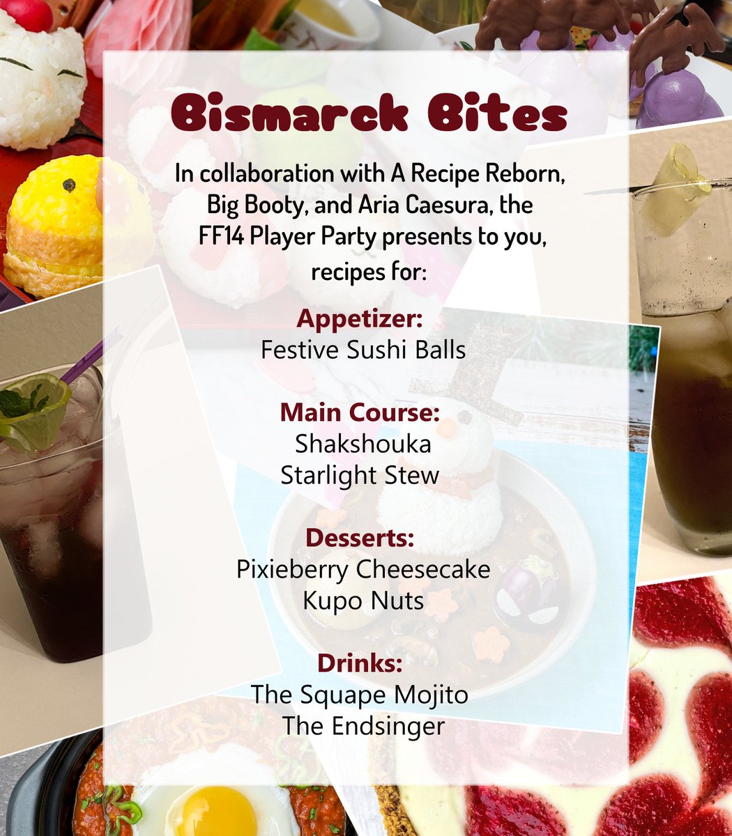 In collaboration with <a href="/ARecipeReborn/">Lemon Drop 🍋 Inactiveway</a> , <a href="/BigBooty_XIV/">Boot Boot</a>, and <a href="/AriaC_XIV/">bye</a>, we present to you, Bismarck Bites!  

Please tag us if you make them, we'd love to see your finished products! 

Please check out the recipes here: 
sites.google.com/view/ff14playe…