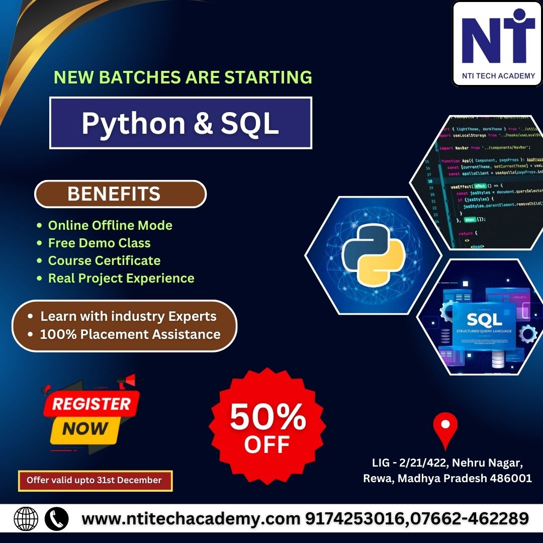 ntitechacademy_'s tweet image. 🐍✨ Python + SQL = Career Boost! Join NTI Tech Academy's upcoming batches and get 50% off! Unleash the potential of data manipulation. Limited seats
Register Now - forms.gle/eJdSgbsxQ7hZJw…
🚀 #PythonSQL #DataAnalysis #TechSkills #CodingLife #CareerBoost #SQLMaste