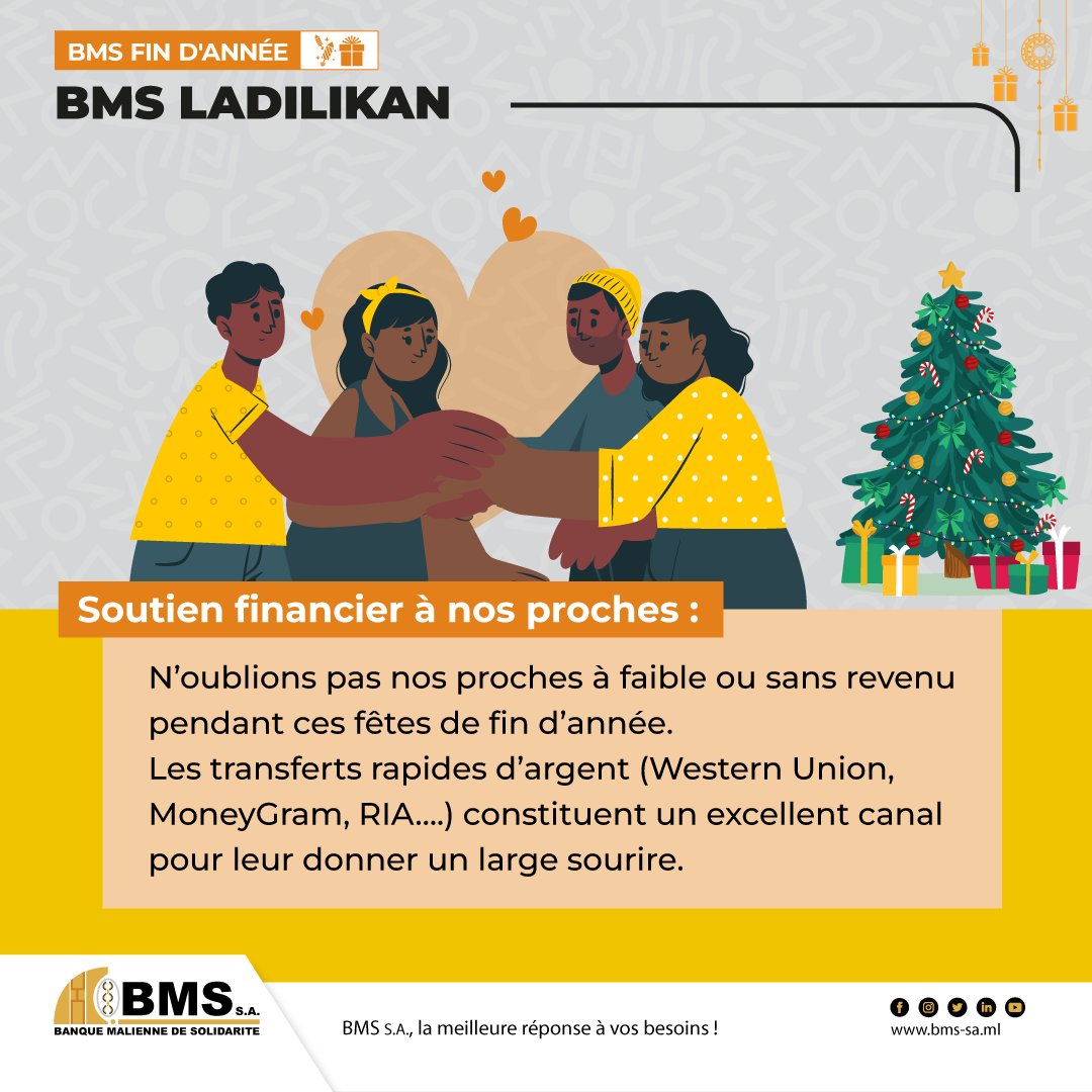 bms_mali's tweet photo. 𝗕𝗠𝗦 𝗟𝗔𝗗𝗜𝗟𝗜𝗞𝗔𝗡
Ayez une petite pensée pour vos proches pour terminer l’année en beauté.

#2023 #FINDANNEE #Banquemaliennesolidarite https://t.co/PTqVMhsCJv