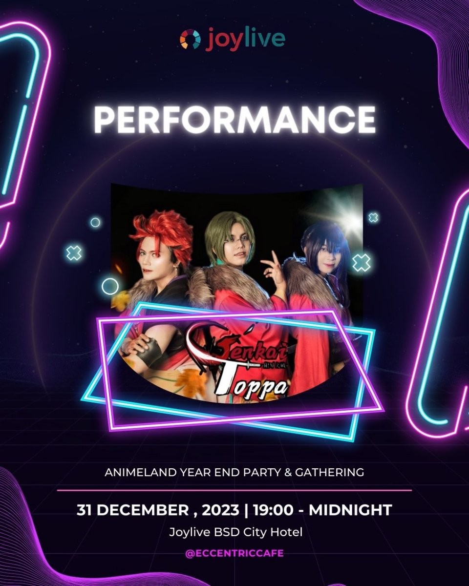FancafeCinnamon's tweet photo. Get ready to be mesmerized! Our lineup of incredible performers is set to ignite the stage at ANIME LAND, JoyLive Hotel BSD's New Year's Eve extravaganza. Brace yourself for a night of enchanting melodies, dynamic dances, and unforgettable acts-- https://t.co/NGntpkp1dT