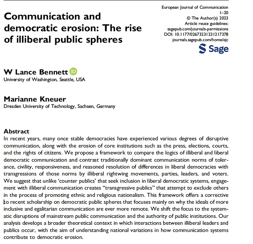Very pleased to share this framework for understanding the role of #CommunicationInDemocraticErosion and #IlliberalPublicSpheres with <a href="/MarianneKneuer/">Marianne Kneuer</a>