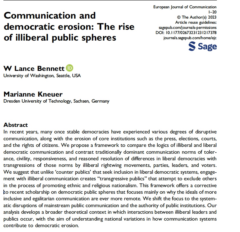 Very pleased to share this framework for understanding the role of #CommunicationInDemocraticErosion and #IlliberalPublicSpheres with @MarianneKneuer
