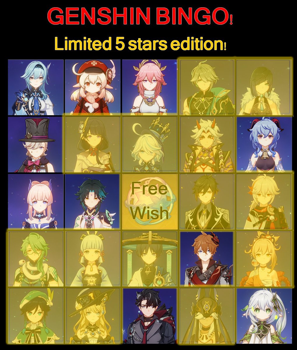 JustZayane's tweet photo. @Mewsitive 1 Bingo 💀
But I really want Eula, Ganyu, Xiao, Wriothesley &amp; Nahida!

I have too many Cryo characters but whatever LOL https://t.co/9KoUQIW4Xp