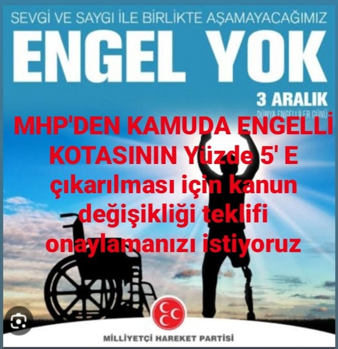 mer22842679's tweet photo. "Devlet Bahçeli"
#EngelliAtamasınaRevize
MHP'DEN KAMUDA ENGELLİ KOTASI ARTIRILSIN TEKLİFİ onaylamanızı istiyoruz lütfen sesimizi duyun
Sayın Milletvekilimizi Destekliyoruz 
@RTErdogan @dbdevletbahceli @ErbakanFatih 
@Avkthalilozturk
@MahinurOzdemir
@Engelsiz_Refah
@erkanakcay45 https://t.co/qXUIigcH3H