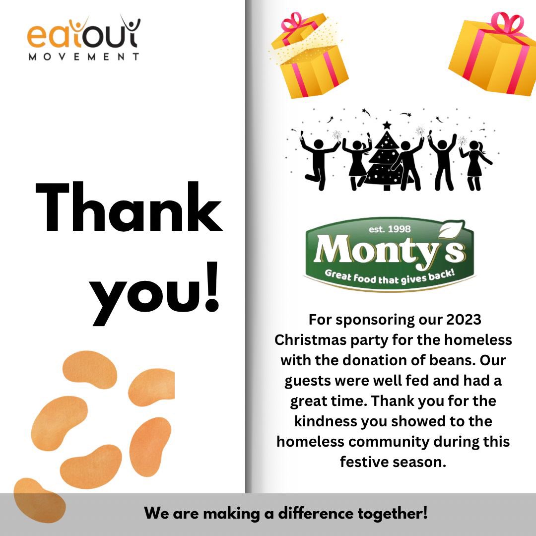 We’d like to thank Montys for their donation of beans for our 2023 Christmas Party for the Homeless. 
Your support made the day a success. 
#hope #hopeforthehomeless #christmas #humankind