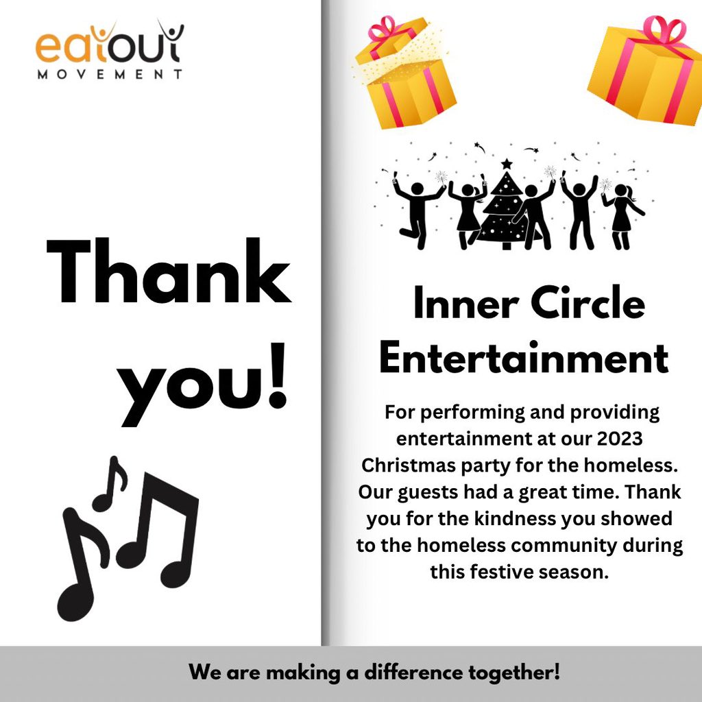 We would like to thank Inner Circle Entertainment for entertaining our guests at the 2023 Christmas Party for the homeless. 
Your support made the day a success. 
#entertainment #hopeforthehomeless #preventhomelessness #christmas