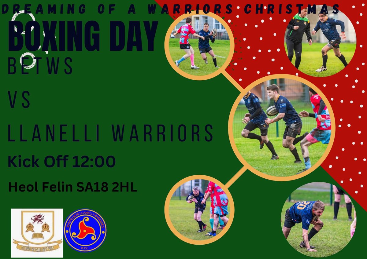 BOXING DAY 🏉
⚔️ @Betwsrfc
🕛 Kick off
🗺️ SA18 2HL
Great day of rugby & joio in store with our annual Boxing Day match
NADOLIG LLAWEN 🎅🏼🎄😃
@AllWalesSport @LdWales @rlloydpr @Tedmawr @AllWalesPF @AllWalesForum @SocialBite_ @BeyondSport @Phillips0945 @TheWelshDragon9 @Dai_Sport_