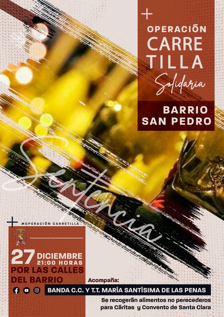 El próximo miércoles 27 de Diciembre, la solidaridad y la caridad vuelven a recorrer las calles de la feligresía del Barrio de San Pedro, con la Operación Carretilla.

¡Ayúdanos a ayudar!