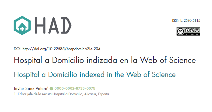 Sociedad_SEHAD's tweet photo. 🖱️ Este año se ha conseguido indexar la Revista HAD en la Web of Science (WoS), hecho que ayudará, y mucho, a conseguir el reconocimiento nacional e internacional por los que estamos luchando

#HAD #HospitalizacionADomicilio

https://t.co/6LghSq53vD https://t.co/9eIqh53OC2