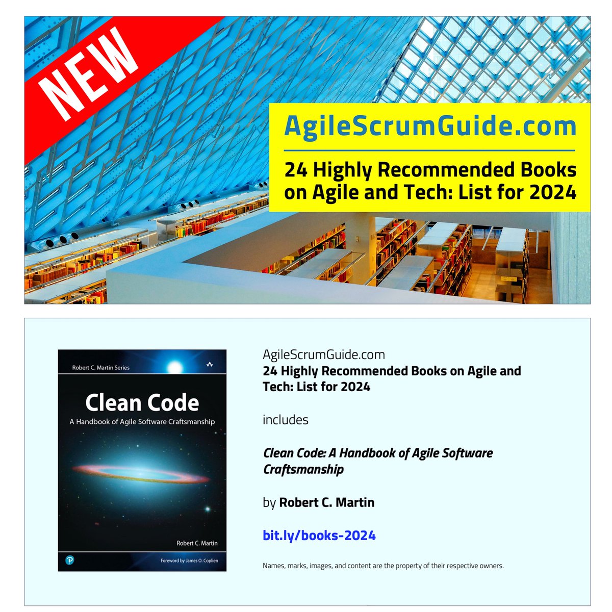 AgileScrumGuide's tweet photo. The newly released 24 Highly Recommended Books on Agile and Tech: List for 2024 includes “Clean Code” by Robert C. Martin. Details on that acclaimed book — and 23 additional titles — are here: https://t.co/JsSwZhPxs6. @unclebobmartin #Agile #AgileSoftware #SoftwareDevelopment