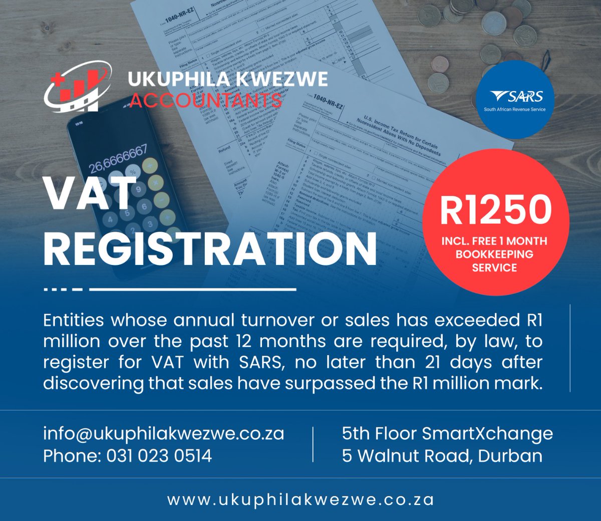 VAT REGISTRATION

Entities whose annual turnover or sales has exceeded R1 mil over the past 12 months are required by law to register for VAT with SARS, no later than 21 days after discovering that sales have surpassed the R1 mil mark.

#KONKALIVE / ngizwe / Oscar mbo
