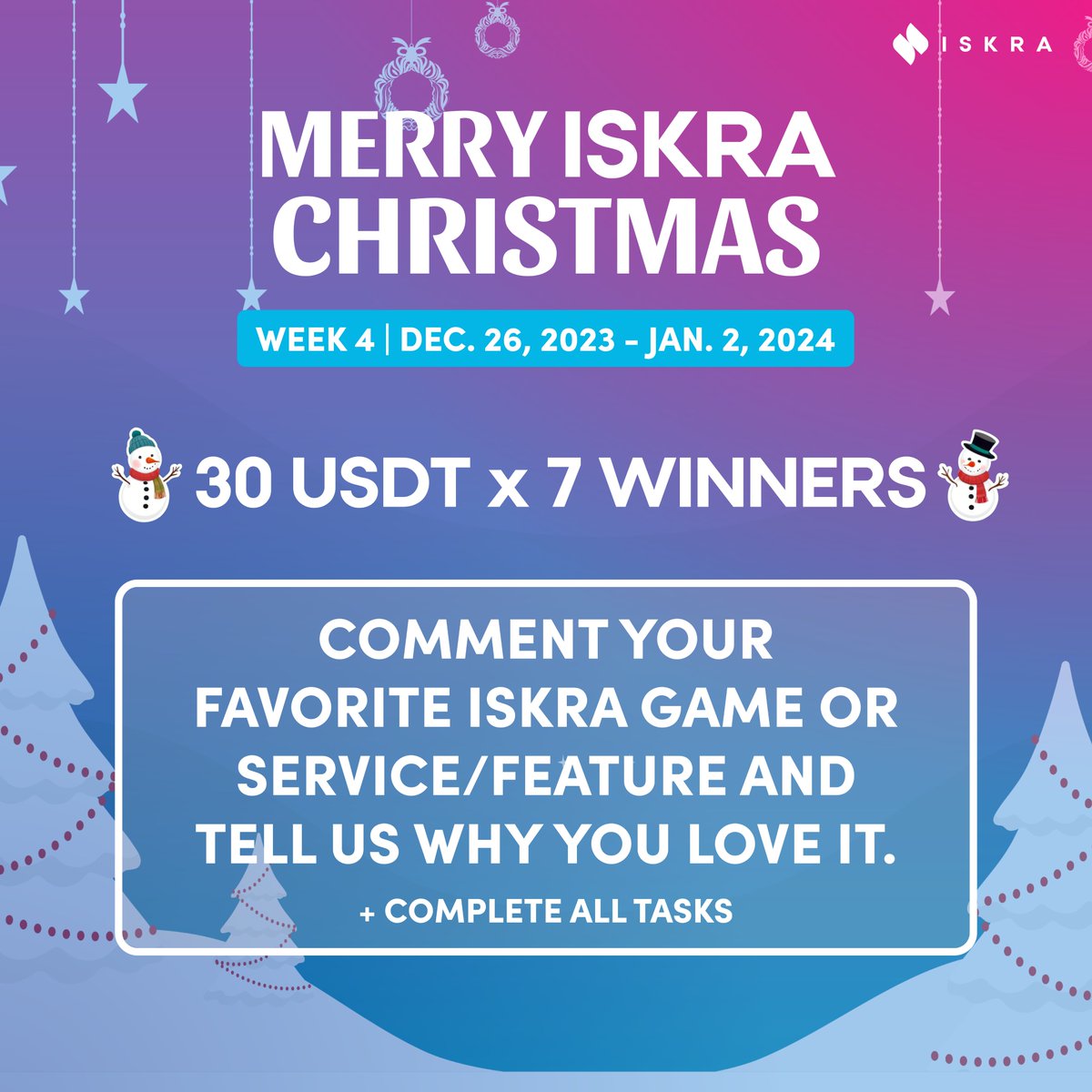 Iskra (@iskra_world) on Twitter photo ๐ Merry Iskra Christmas: Week 4 ๐
Explorers, bring on your best #Iskra shill for a chance to win 30 $USDT for #FREE! ๐โค๏ธโ๐ฅ
๐ 30 USDT x 7 Winners ๐
Comment your fave Iskra game or service/feature and tell us why you love it + complete all tasks. ๐
โ
Follow <a href="/iskra_world/">Iskra</a> + ๐ Merry Iskra Christmas: Week 4 ๐
Explorers, bring on your best #Iskra shill for a chance to win 30 $USDT for #FREE! ๐โค๏ธโ๐ฅ
๐ 30 USDT x 7 Winners ๐
Comment your fave Iskra game or service/feature and tell us why you love it + complete all tasks. ๐
โ
Follow <a href="/iskra_world/">Iskra</a> +