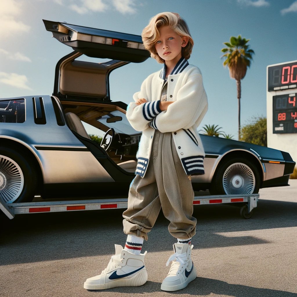 francoxkz's tweet photo. The AI is super intelligent, also the Ai

Prompt: ￼
You
Generate image with a young boy Macaulay Culkin alike with light blonde hair styled in a side part, about 9 years old, standing confidently beside a silver DeLorean. He's wearing a white varsity jacket https://t.co/gZAUAw64Hf