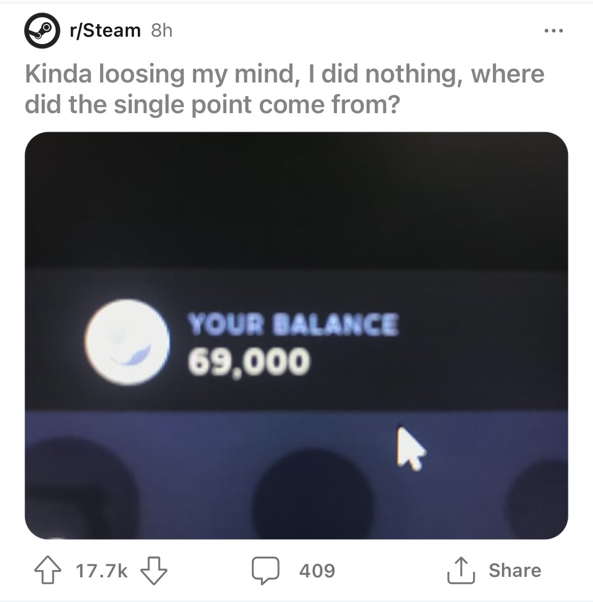 TheBase16's tweet image. Merry Christmas to this guy who posted in the steam subreddit yesterday that he was one point away from 69k and to the valve employee who silently granted him the single point on Christmas Day.