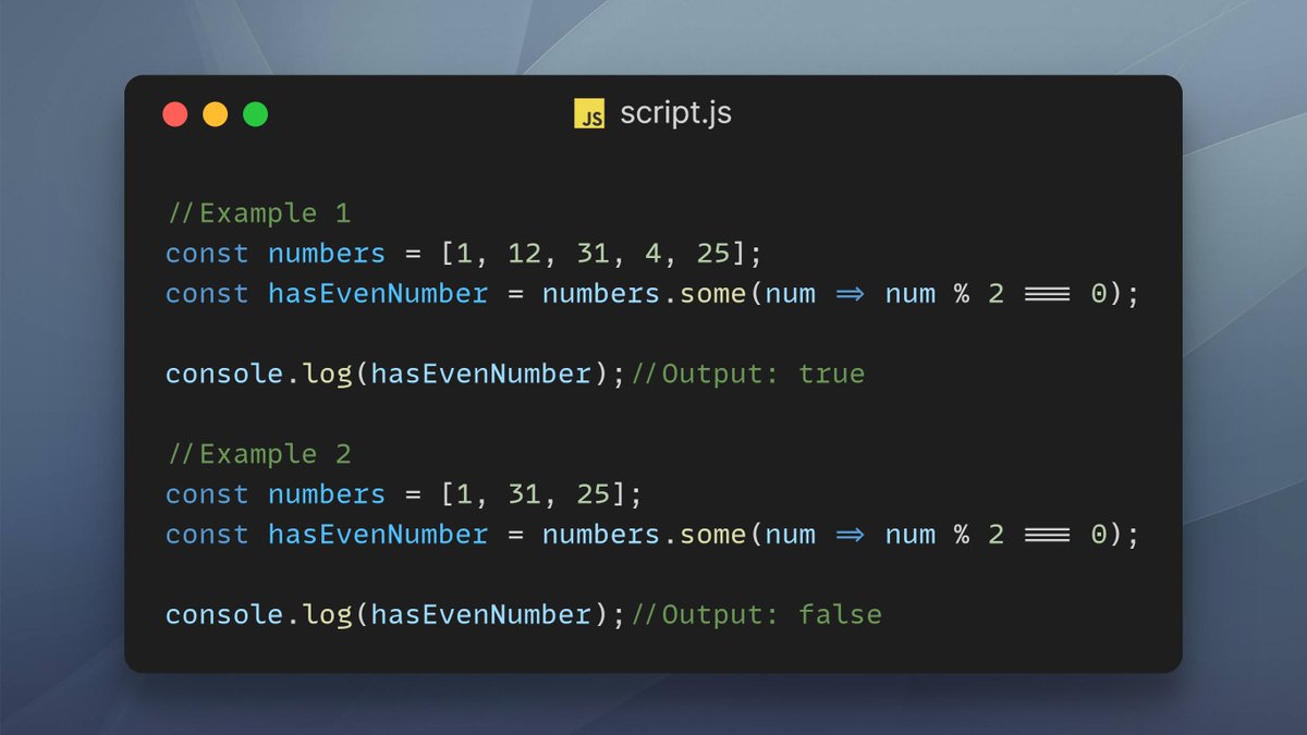 JavaScript Tip💡 You can use some() method for an array to check if any array element passes a test. This method executes the callback function once for each array element and returns true or false. This neither changes the original array, nor it executes the function for…