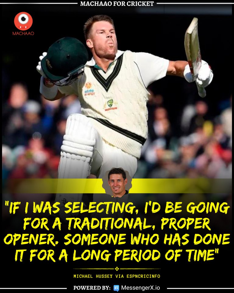 Michael Hussey advises Australian selectors to opt for a traditional, specialist opener to replace David Warner for the Boxing Day Test. 🏏🇦🇺

Courtesy: ESPNcricinfo
.
.
#cricket #sports #MichaelHussey #DavidWarner #BoxingDayTest #AustralianCricket #OpenerReplacement