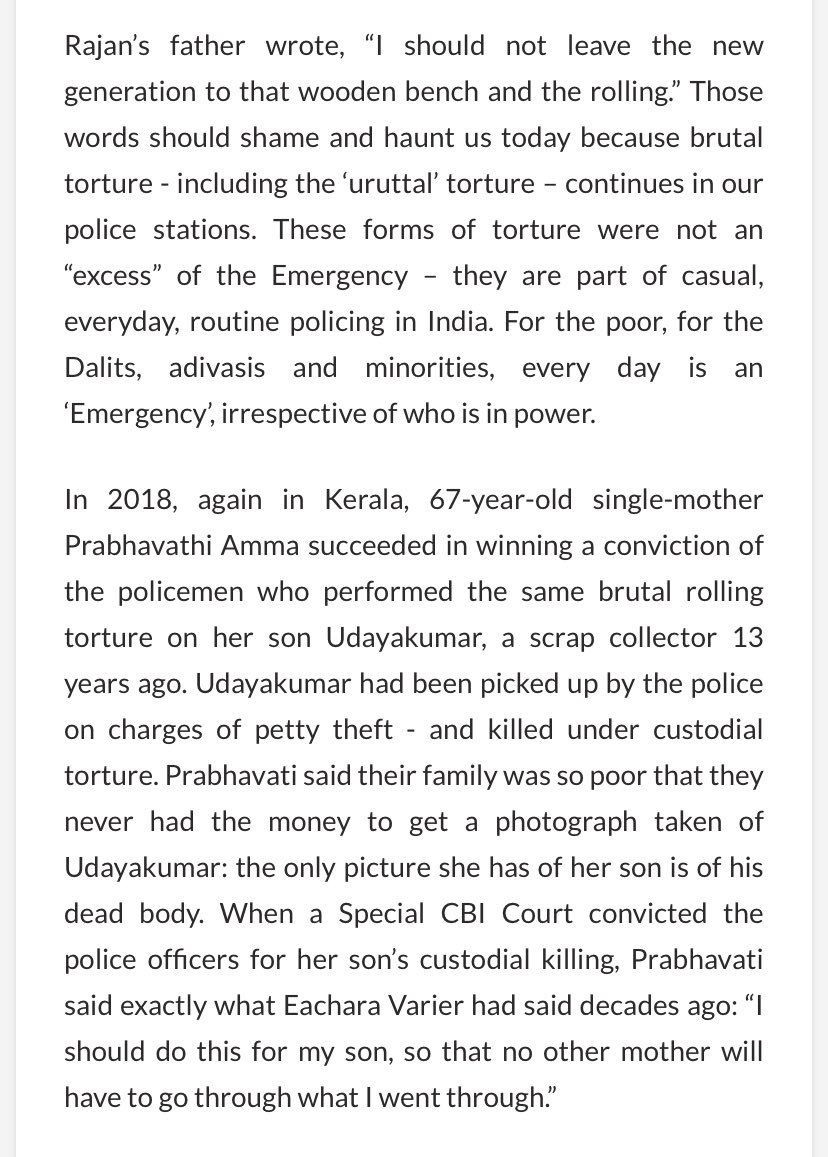 Police in every state have their own torture lexicon, with terms describing different sciences and arts of sadism. Take Kerala’s infamous “uruttal” torture - since the Emergency we knew it exists & yet it continues to happen. (Screenshot from my book Fearless Freedom)