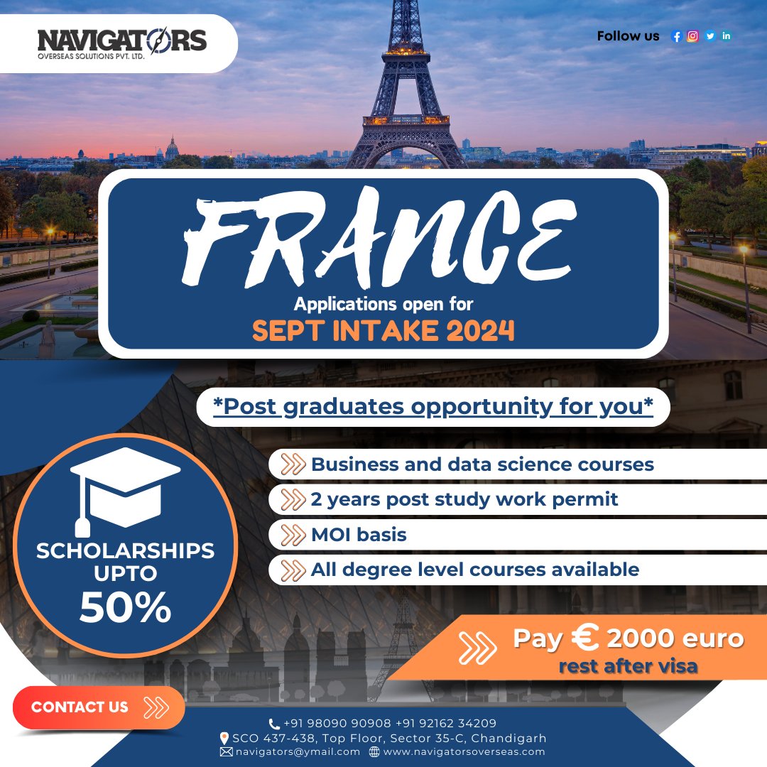 Navigatorsos's tweet image. 🌍✈️ Explore Your #FutureinFrance! Applications are now open for the #Septemberintake!

📍Navigators Overseas, Study Abroad Consultancy:
🏢 SCO 437-438, Top Floor, Sector 35-C, Chandigarh
📞 +91 98090 90908
✉️ navigators@ymail.com

#StudyAbroad #FranceEducation #PGOpportunity