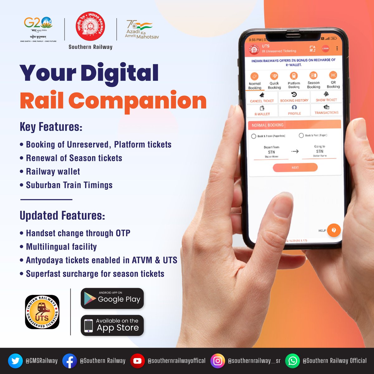 drm_tvc's tweet photo. Don't waste your valuable #time in unending #queues for #train #tickets! Use the #UTS app and get tickets for planned and unplanned train trips in your #smartphone within a few taps. Embrace #technology for a hazzle-free  journey with #IndianRailways. #SouthernRlys https://t.co/JZ2DKZEIWi