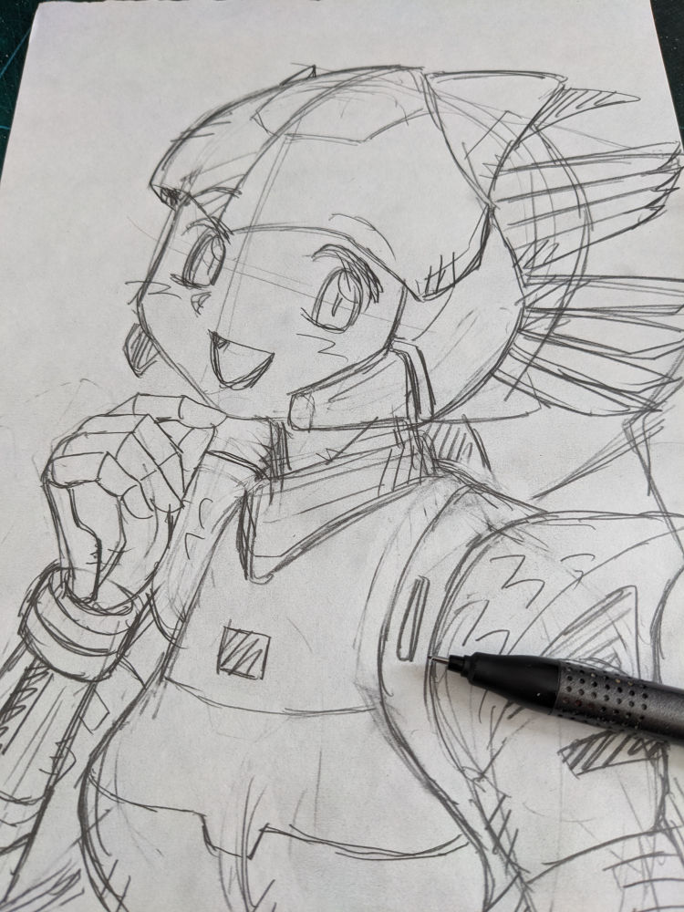 イラストのコミッションご依頼もう1枚ありました。エアレイザーです。 ①ラフを描きます②PCに取り込みます。左右反転・拡大します③プリントアウトします④裏からシャーペンで塗りつぶします。