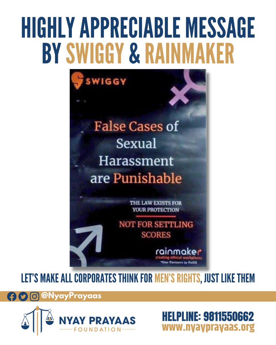 Kudos to @swiggyindia & @therainmaker for a truly commendable message!

It's high time we encourage all corporates to champion men's rights, just as they do.

Let's spark a positive change together! 👏👨‍💼

#MensRights #CorporateResponsibility
#NyayPrayaas4Men