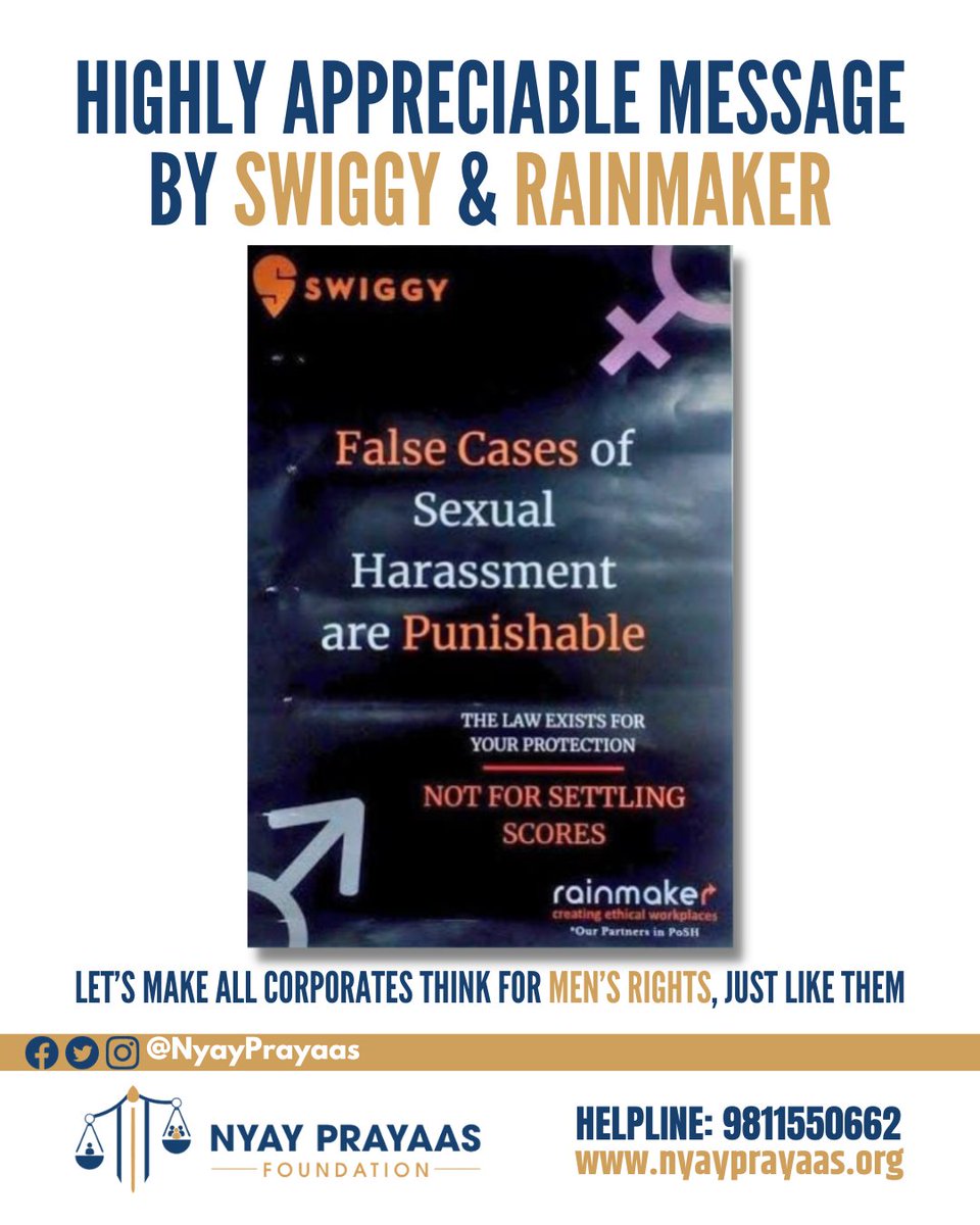 NyayPrayaas's tweet photo. Kudos to @swiggyindia &amp; @therainmaker for a truly commendable message!

It's high time we encourage all corporates to champion men's rights, just as they do.

Let's spark a positive change together! 👏👨‍💼

#MensRights #CorporateResponsibility
#NyayPrayaas4Men https://t.co/EYWY9X7Boz