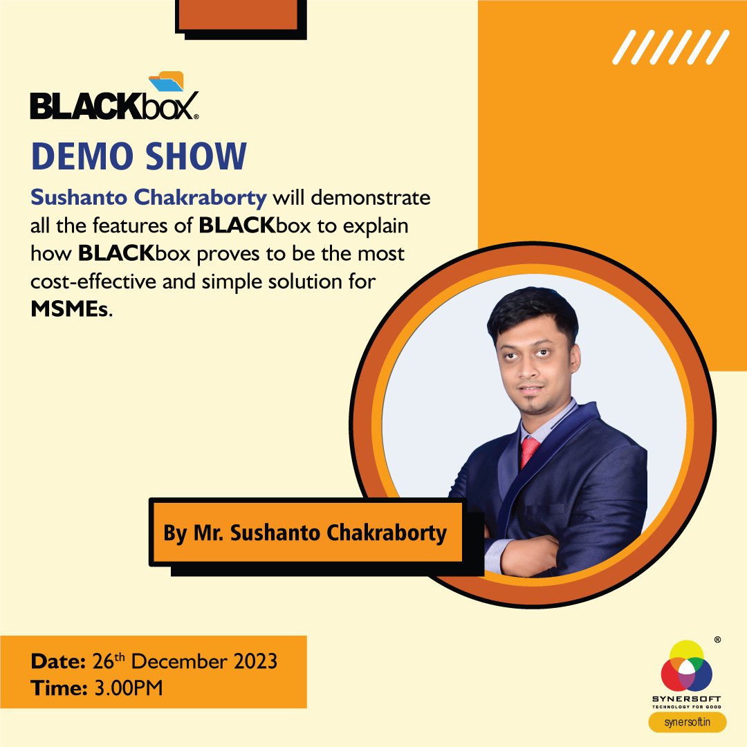 SynersoftTech's tweet image. 🚀 Join TODAY at 3 PM for a BLACKbox Demo by Mr. Sushanto Chakraborty! 🌐 Learn how BLACKbox tackles data security, prevents loss/theft, and slashes IT costs. 🌟 Register now: us06web.zoom.us/webinar/regist…
 #BLACKboxDemo #DataSecurity