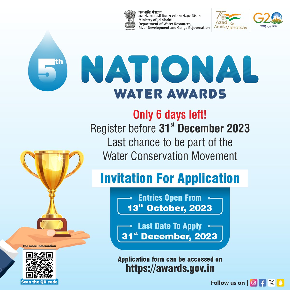 The clock is ticking! Just 6 days left to register for the 5th #NationalWaterAwards. Be a #WaterChampion, contribute to #waterconservation, and grab your chance to shine on a national stage. Don't miss out! #RegisterNow #JalShakti #WaterAwards2023 #NWA2023