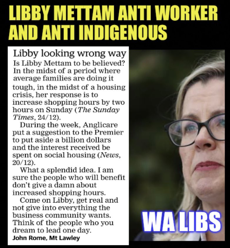 LyndaFrench19's tweet photo. #WALibs #Retail #ExtendedTrading #AusUnions
#Indigenous #wapol
#LibbyMettam Wants Workers to work, while she goes on holiday. Said NO to an Indigenous Voice #Perth https://t.co/q9NHY53zHe