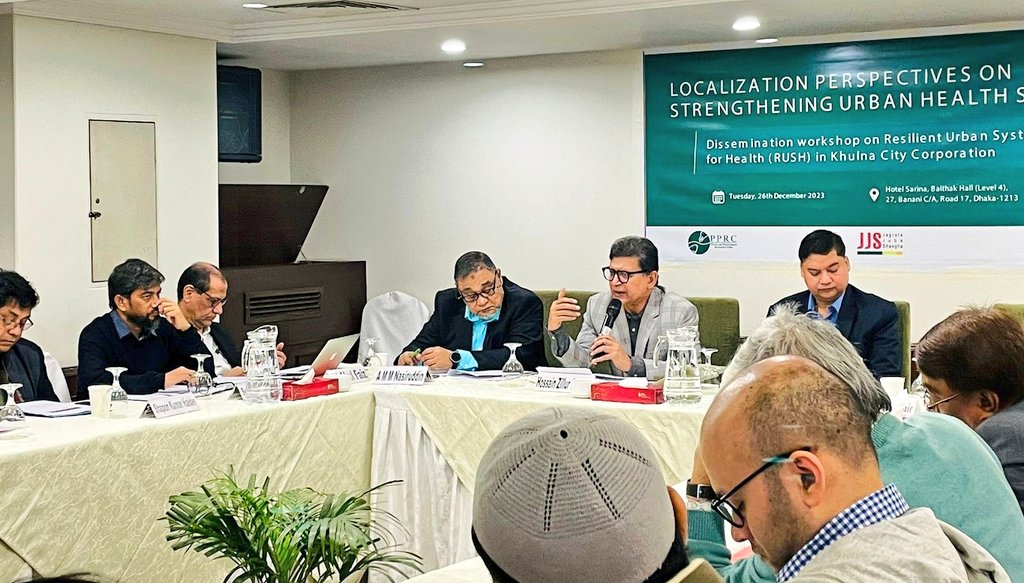 pprc_bd's tweet photo. 🌍 Accelerating progress on #SDG3 is crucial for health equity and climate resilience. PPRC and @JagrataJuba Shangha (JJS) present 'Resilient Urban System for Health (RUSH)' at a dissemination workshop in Dhaka, funded by @Concern Worldwide. #HealthForAll #SDGs2030 https://t.co/13tCcqDaKF