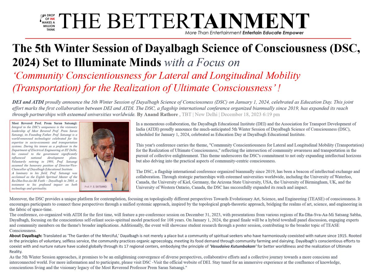 The 5th Winter Session of Dayalbagh Science of Consciousness (DSC) set to illuminate Minds. 

#consciousness #Awareness #Dayalbagh #timesnow #news #India #UniversityofArizona #sciam #GoogleIndia #TOIIndiaNews