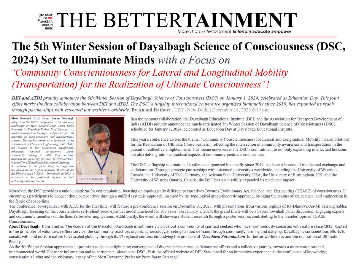 The 5th Winter Session of Dayalbagh Science of Consciousness (DSC) set to illuminate Minds. #consciousness #Awareness #Dayalbagh #timesnow #news #India #UniversityofArizona #sciam #GoogleIndia #TOIIndiaNews