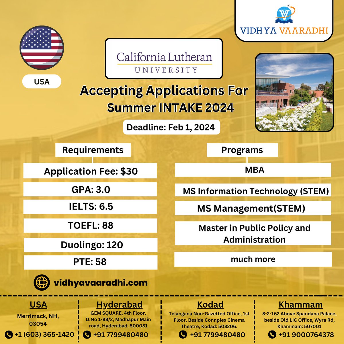 Vidhyavaaradhi1's tweet photo. Study in the USA | Admissions are now open for the Summer 2024 intake at California Lutheran University.
#StudyAbroad #vidhyavaaradhi #Intake2024 #summer2024 #studyinusa #usa #usaeducationconsultants #Hyderabad #kodad #khammam #californialutheranunversity #usauniversities #mba https://t.co/b5j3eZjFzX