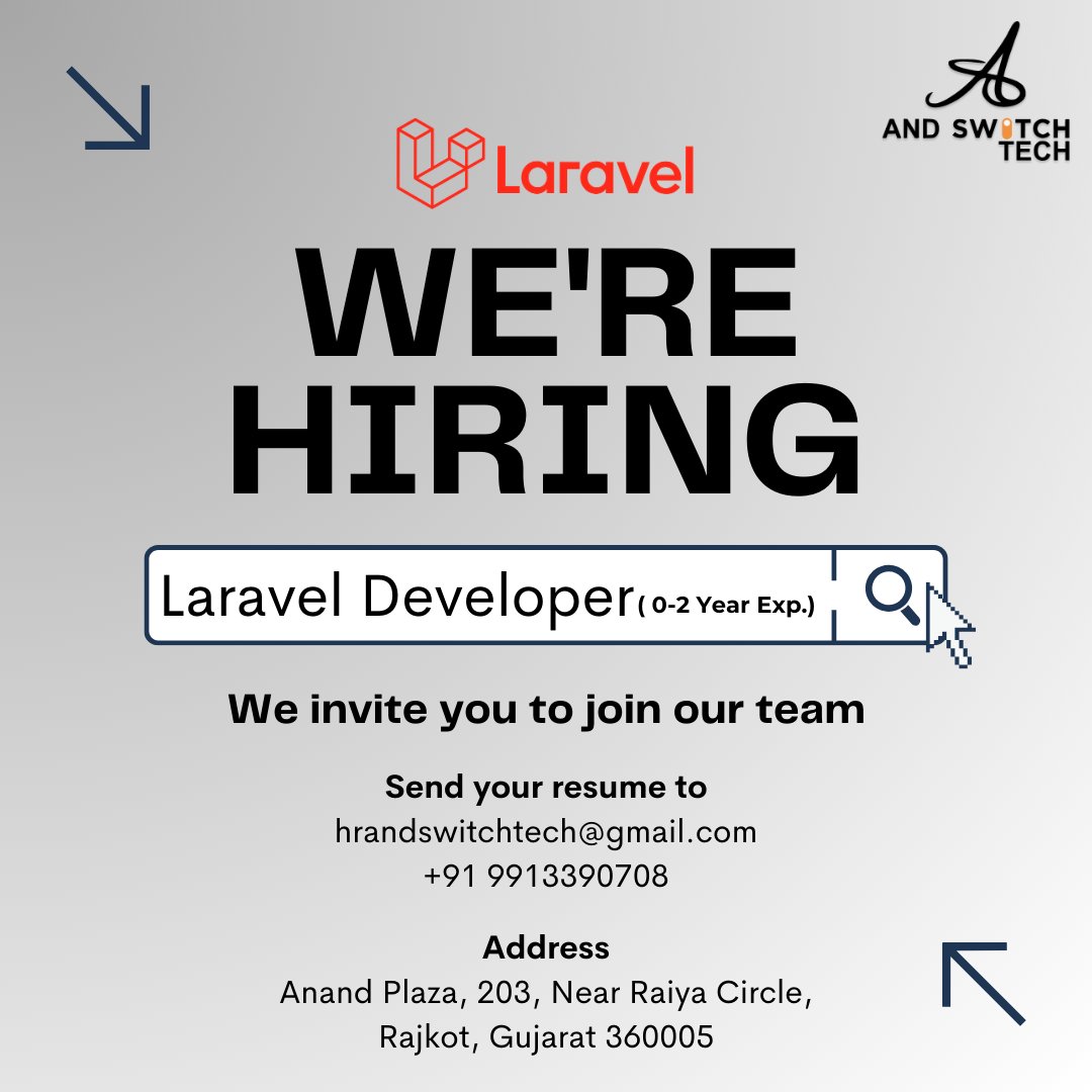 🌟 Exciting Opportunity Alert! 

To apply, please send your resume and a brief introduction to +91 9913390708 or email hrandswitchtech@gmail.com.

#PHPDeveloper #WebDevelopment #LaravelJobs #Codeigniter #PHPProgramming #MySQL #WebDeveloper #FullStackDeveloper #JobOpportunity
