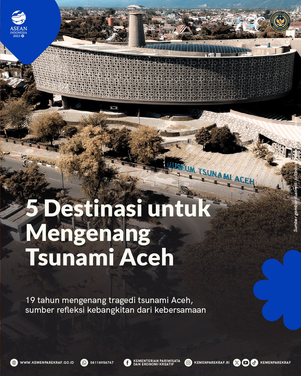 KemenPariwisata's tweet photo. 19 tahun berlalu sejak tsunami menerjang, saudara-saudara kita di Aceh berhasil bangkit dan bertahan dari keterpurukan. 🌹

Untuk mengenang tragedi ini, ada beberapa tempat yang dapat kamu kunjungi untuk mendoakan korban hingga mengedukasi diri tentang kesiagaan bencana. 

Mari bangkit bersama membangun kekuatan! ✊🏻

#WonderfulIndonesia
#PesonaIndonesia