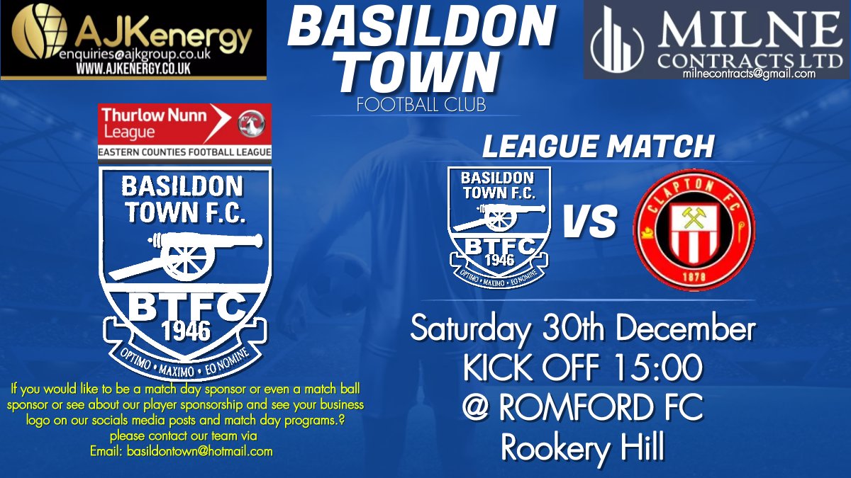 🔵Basildon Town Football Club🔵
🚨Next Match🚨
⚽⚽
Basildon Town FC vs Clapton FC
Saturday 30th December
Romford F.C. Rookery Hill Stadium 🏟
K.O 15:00
Food and Drinks Available From 12pm
🍺🍟🍔🌭
All Support welcomed
Sponsored by AJK Energy Ltd &amp; Milne Contractors Ltd.
🔵UTT🔵