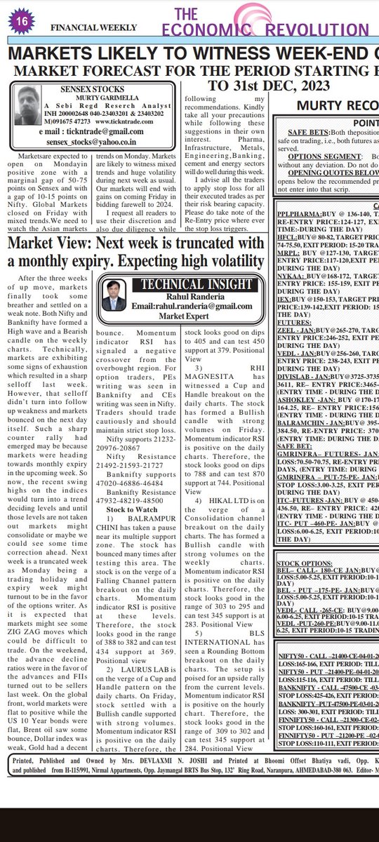 RahulRanderia's tweet image. #TECHNICALINSIGHT for current week 
#BreakoutStock #StockMarket #StockMarketNews #StockMarketindia #Stocks