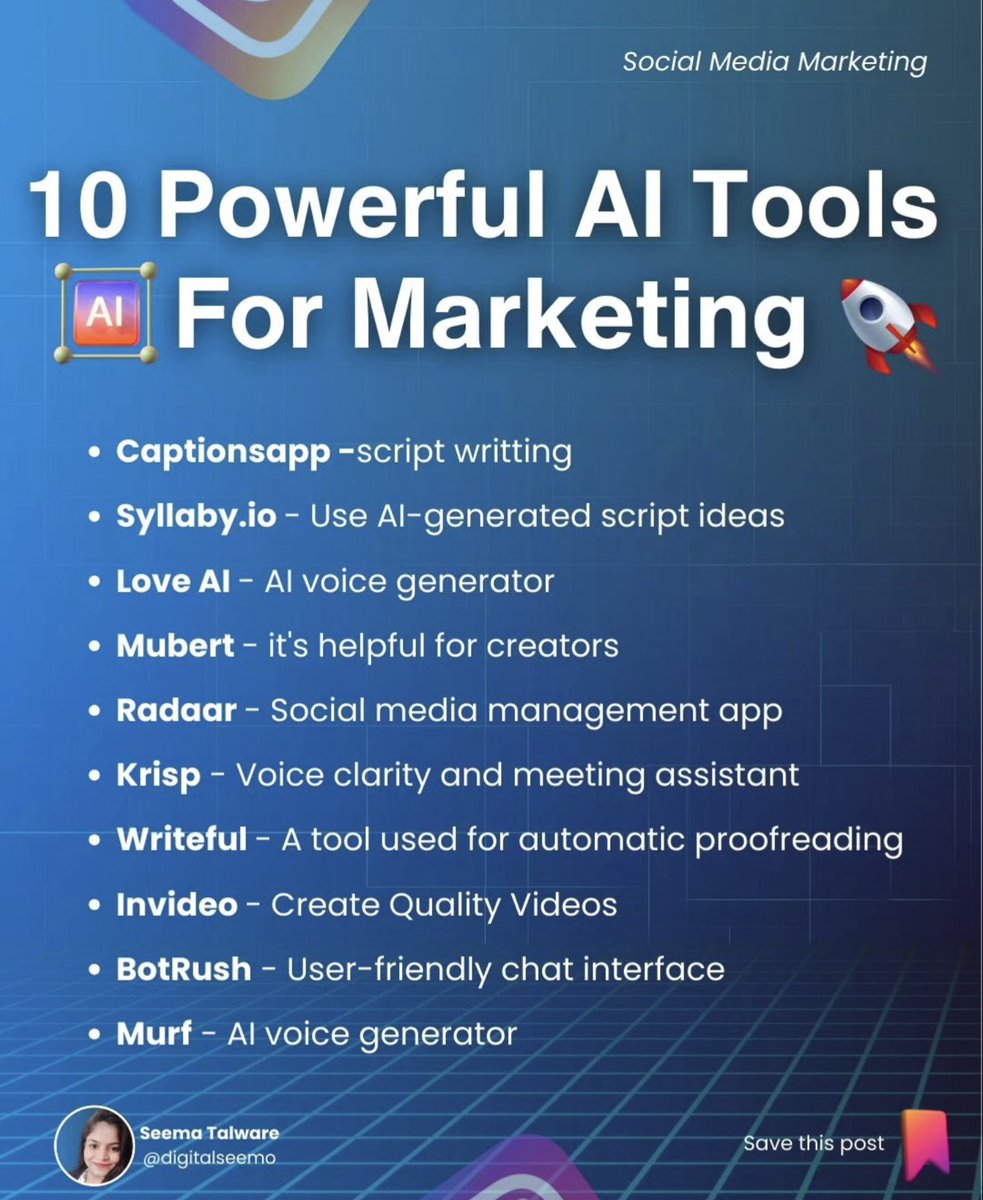 AnthonyRochand's tweet photo. 🚀10 outils d'#IA puissants pour le marketing... Vous connaissez lesquels ? 
#MarketingDigital https://t.co/EFZ8eLS4bj