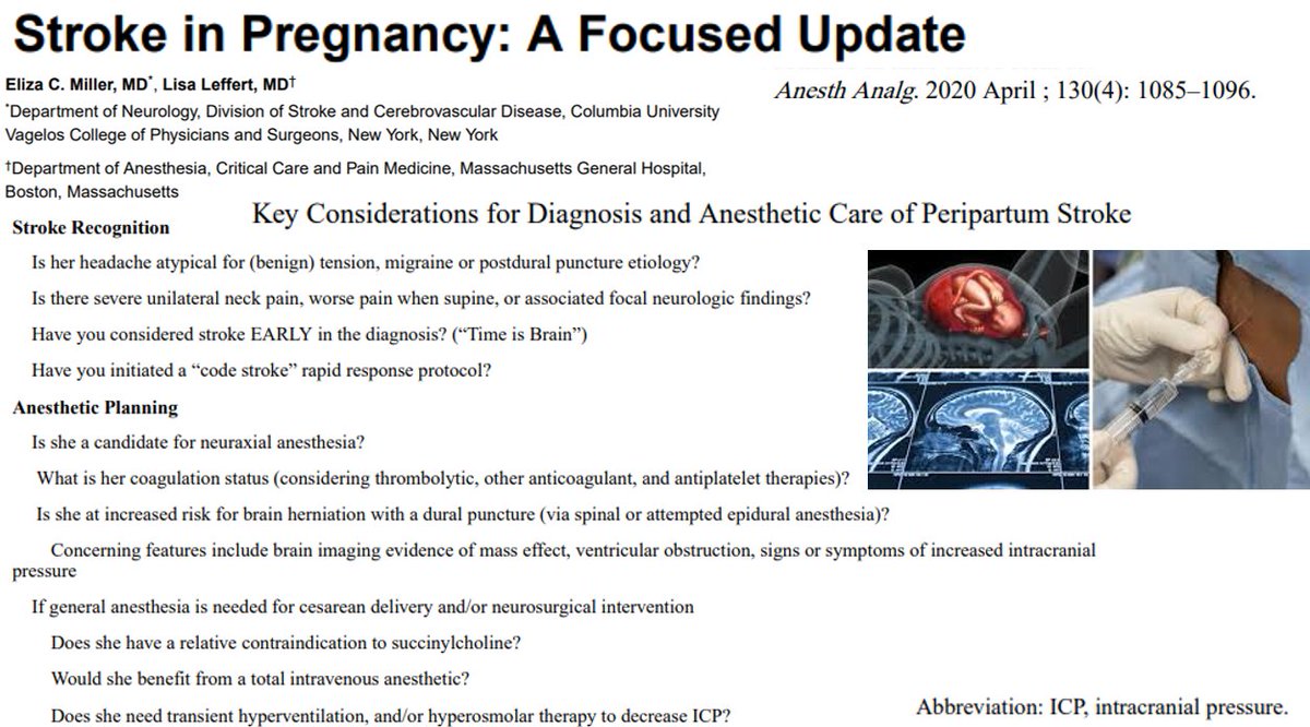 #ObstetriciaSEDAR🤰🏻En la gestante con ictus, la técnica neuroaxial es segura. Tener en cuenta la anticoagulación y descartar signos de hipertensión intracraneal. La anestesia general es apropiada si se combinan la cesárea con cirugía intracraneal❤️pubmed.ncbi.nlm.nih.gov/31124843/