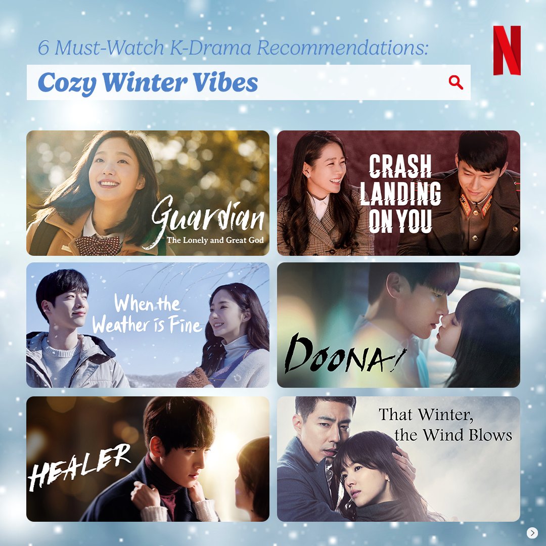 It may be cold outside, but these shows will still give you the warm fuzzies

🎬 #GuardiantheLonelyandGreatGod
🎬 #CrushLandingonYou
🎬 #WhentheWeatherIsFine
🎬 #DOONA
🎬 #HEALER
🎬 #ThatWinterThewindBlows 

#Netflix