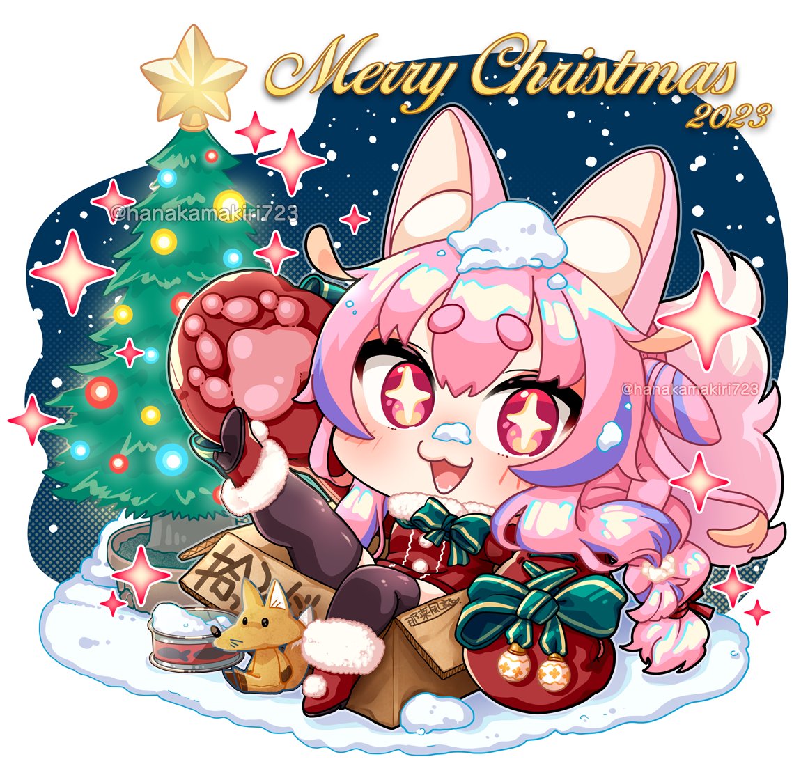 1girl animal ears christmas tree christmas pink hair box snow  illustration images