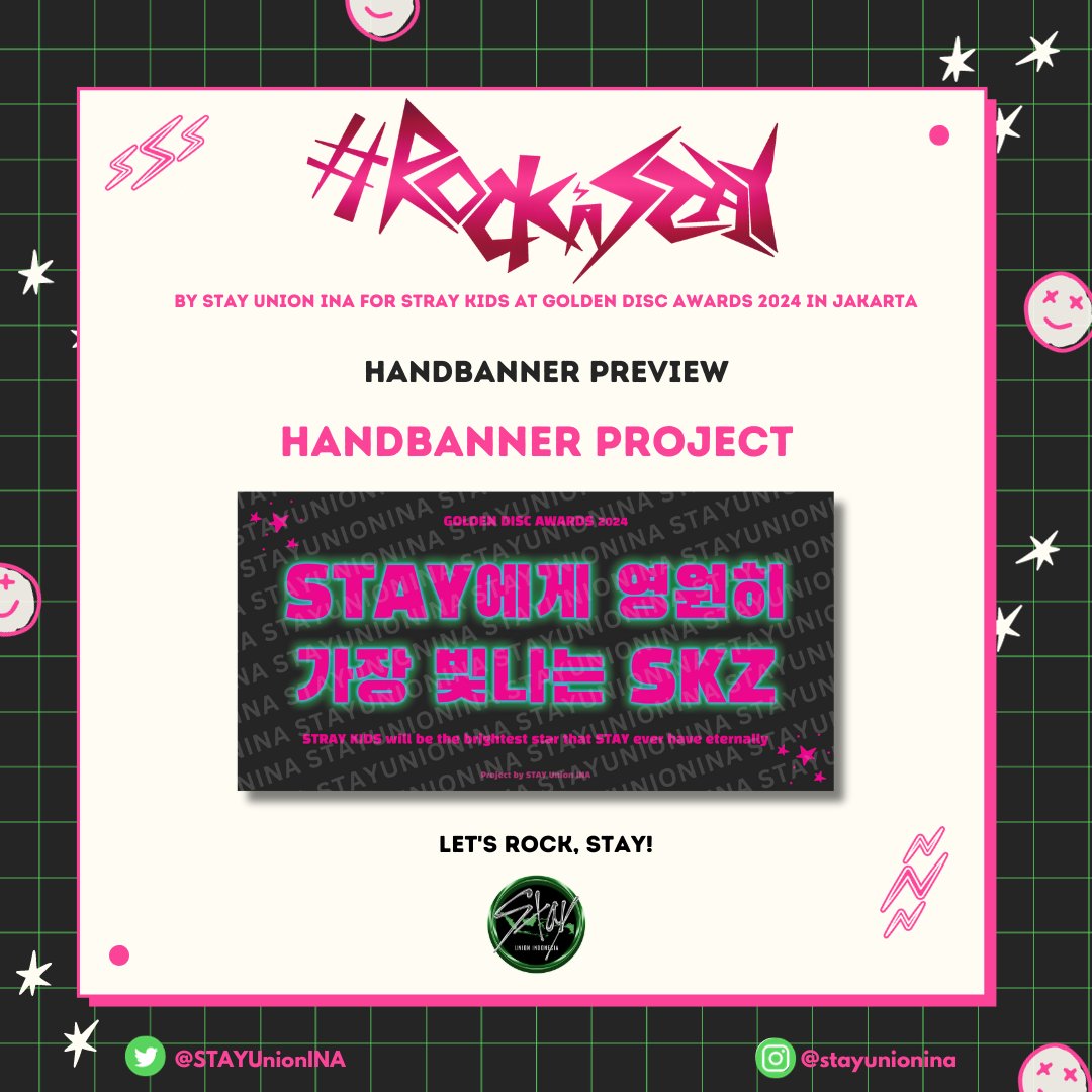 STAYUnionINA's tweet photo. STAY UNION INA

Fan Project: #RockaSTAY for Stray Kids at Golden Disc Awards 2024 in Jakarta

[HANDBANNER PREVIEW] 

Hi STAY!
Pick your handbanner up and rock with us 🤟

#GoldenDiscAwards #StrayKids https://t.co/p1lu2XM9f1