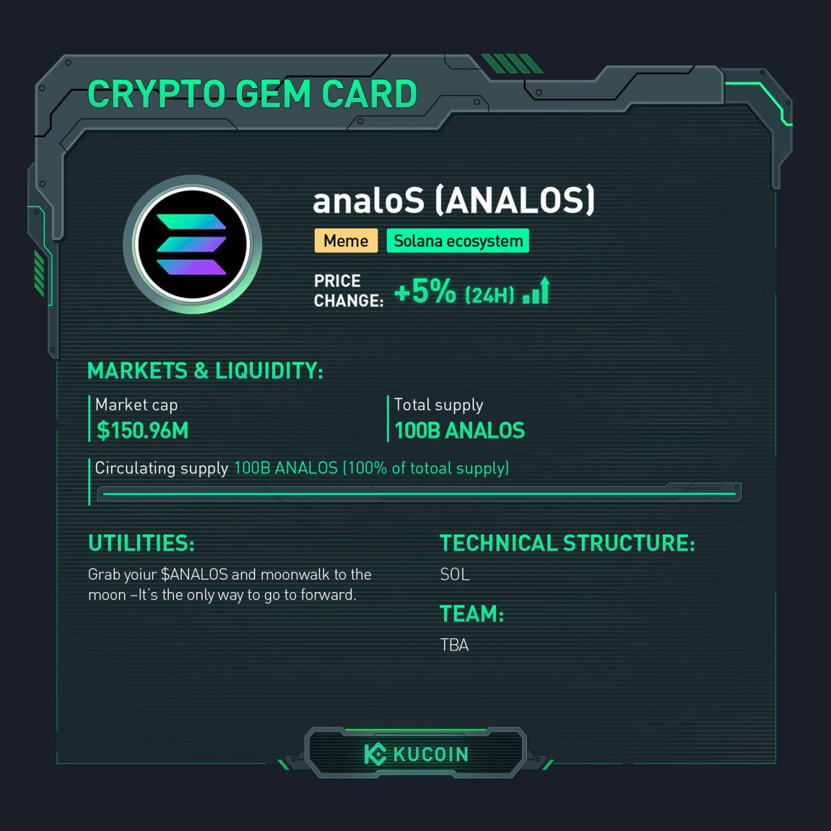 ANALOS trading is now live on #KuCoin! 🚀ANALOS/USDT:  https://t.co/XkSRvqfSpB Find out more about analoS in #KuCoinCryptoGem  card. #Meme #SolanaEcosystem